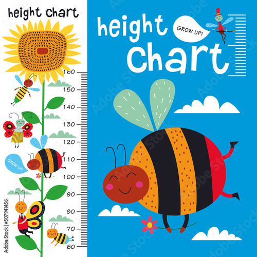 Kids height chart. Vector isolated illustration of cute insects on a white background.