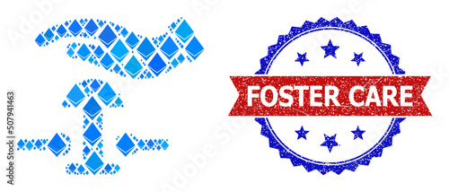 Blue gem collage press alarm button icon, and bicolor textured Foster Care seal stamp. Ethereum related items are grouped into abstract collage press alarm button icon.