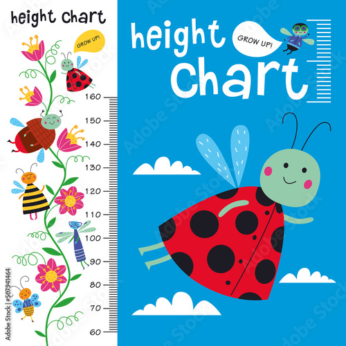Kids height chart. Vector isolated illustration of cute insects on a white background.