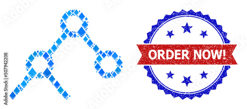 Blue brilliant composition binary links icon, and bicolor dirty Order Now! seal stamp. Brilliant related items are arranged into abstract mosaic binary links icon.