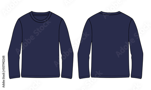 Long sleeve T shirt overall technical fashion flat sketch vector Illustration Navy Color template front and back views. Basic apparel Design Mock up for Men's and boys.