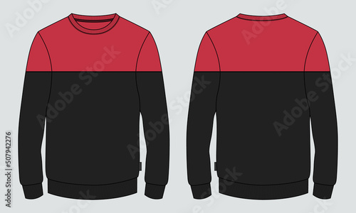 Two tone black and red  Color Long sleeve Sweatshirt technical fashion Flat Sketch drawing vector illustration template For men's. Apparel design mockup CAD illustration. 