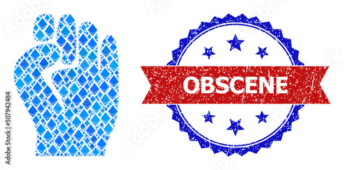 Blue diamond mosaic fist icon, and bicolor dirty Obscene seal. Gem related items are arranged into abstract mosaic fist icon. Red round seal includes Obscene caption inside circle.