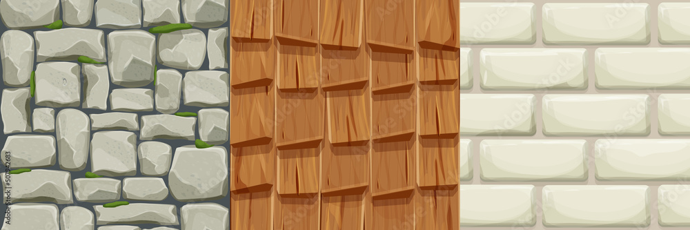 Set Stone and wood wall from bricks, rock, game background in cartoon style, seamless textured surface. Ui game asset, road or floor material