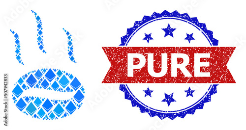 Blue brilliant mosaic coffee aroma icon, and bicolor unclean Pure seal stamp. Ethereum related parts are arranged into abstract mosaic coffee aroma pictogram.