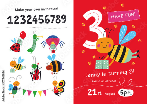 Birthday invitation. Collection of cute insects and numbers in childish style for designing own posters and invitation cards.Vector isolated illustration.