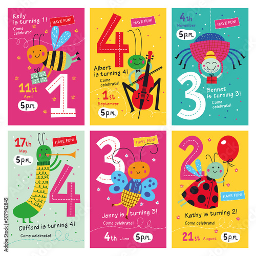 Birthday invitations. Collection of posters and invitation cards with cute insects for kids.Vector isolated illustrations.