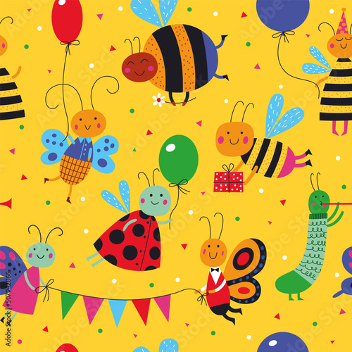 Cute insects have a party. Cartoon seamless pattern on a yellow background for childish design. Seamless pattern can be used for backgrounds, surface textures, wallpapers, pattern fills. © Alena