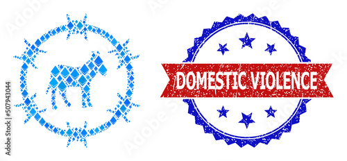Blue gem collage donkey arrest icon, and bicolor dirty Domestic Violence stamp. Gem related items are grouped into abstract mosaic donkey arrest icon.