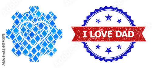 Blue gemstone mosaic love mechanics icon, and bicolor dirty I Love Dad watermark. Crystal related elements are united into abstract mosaic love mechanics icon.