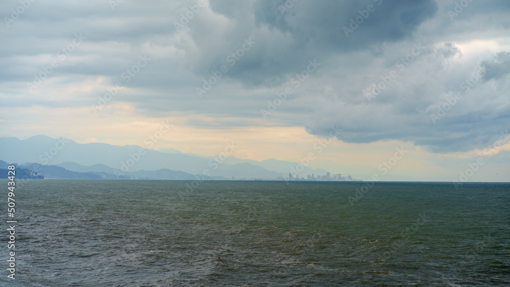 Coast of the Black Sea. Abstract concept of sea natural landscape. Georgia. View of the sea, the city of Batumi from the village of Kabuletti.