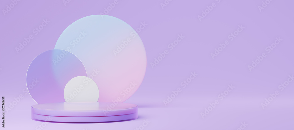 Obraz premium Empty glass cylinder podium with purple blue translucent round glass, copy space background. Abstract geometric. Pedestal pastel minimal showcase mockup. Stage for display of product design. 3d render