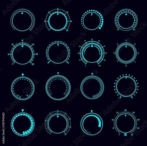 HUD dial interface, volume round knob switches, music sound control regulators, vector. Neon volume level buttons for music player app or sound aux tuner, min and max switch knobs for UI