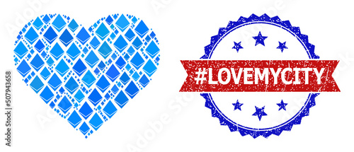 Blue gemstone collage love heart icon, and bicolor grunge #Lovemycity stamp. Gemstone related elements are united into abstract collage love heart pictogram.