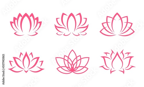 Pink lotus icons  flowers or yoga floral symbol in line silhouette  vector blossoms. Outline pink lotus petals for tattoo  asian spa or ornament decoration  religion  ayurveda relax and zen meditation