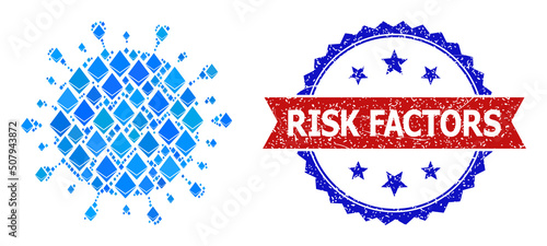 Blue jevel collage Covid virus icon, and bicolor textured Risk Factors stamp. Jevel related items are arranged into abstract mosaic Covid virus icon.