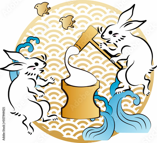 秋　十五夜　中秋の名月　お月見　浮世絵　日本画　うさぎ　兎　卯　餅つき　かわいい　和モダン　イラスト