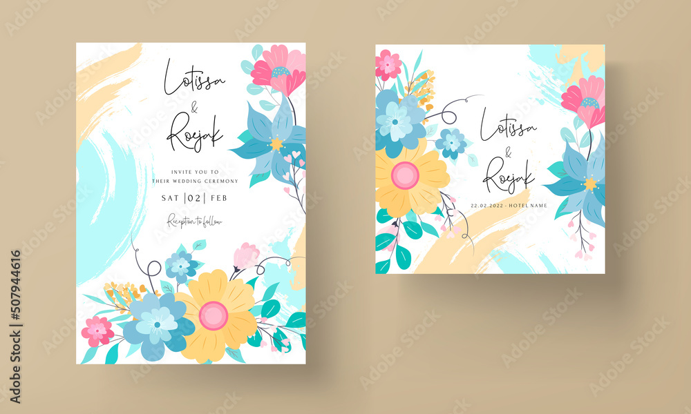 Fototapeta premium beautiful sweet flat floral wedding invitation card design with pastel color
