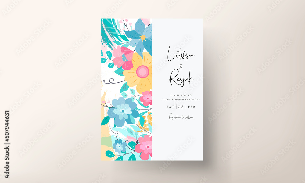 Beautiful colorful invitation card with hand drawn floral