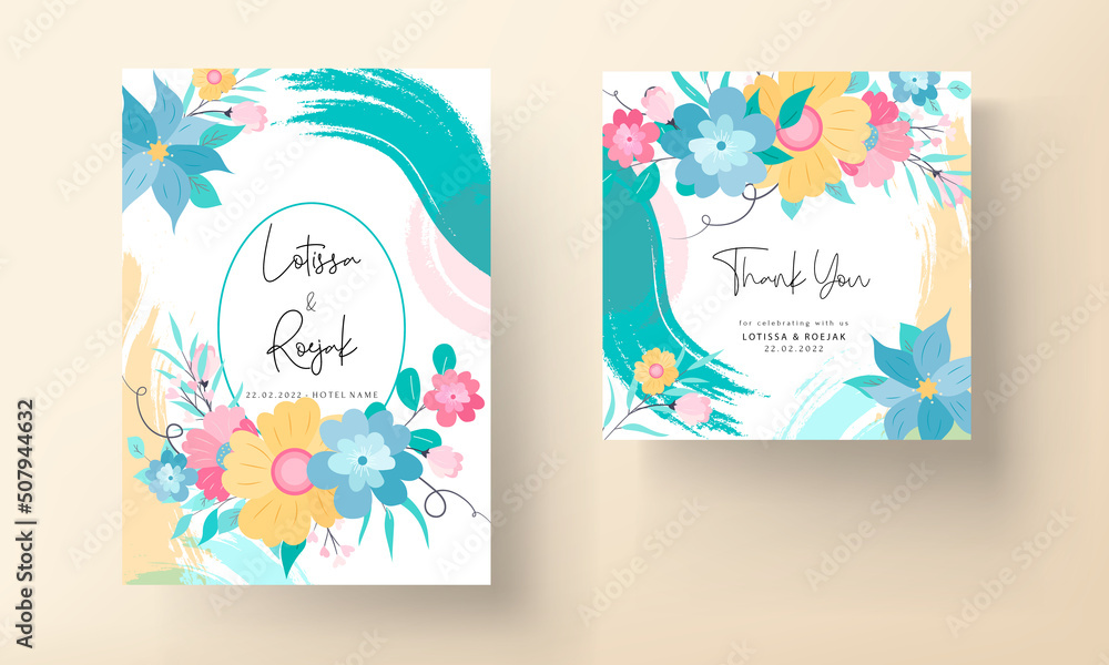 Beautiful colorful invitation card with hand drawn floral