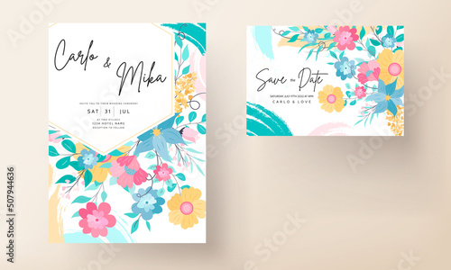 Beautiful colorful invitation card with hand drawn floral