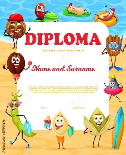 Kids diploma. Cheerful nut characters on summer vacation. Kids school diploma, competition winner award or education vector certificate with walnut, brazil nut and coffee bean, pistachio, pumpkin seed