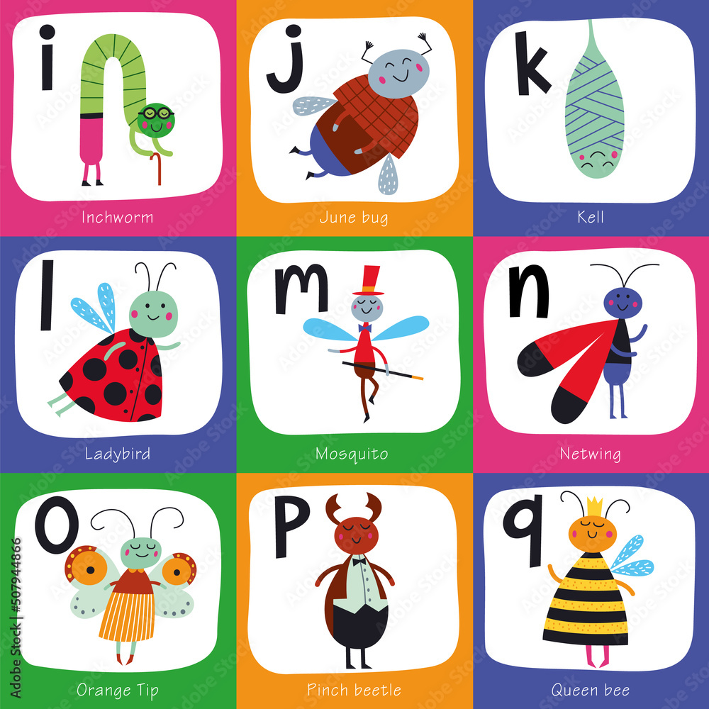 Vector alphabet for children. Cute insects in cartoon style. I, J, K, L, M, N, O, P, Q. Part 2.