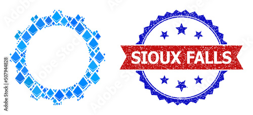 Blue gemstone mosaic gear icon, and bicolor rubber Sioux Falls watermark. Gemstone related elements are united into abstract mosaic gear icon. Red round stamp has Sioux Falls caption inside circle.