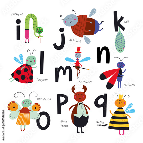 Vector alphabet for children. Cute insects in cartoon style. I  J  K  L  M  N  O  P  Q. Part 2.