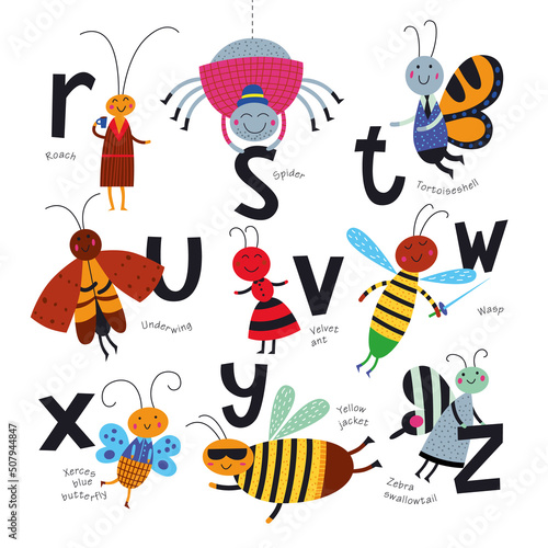 Vector alphabet for children. Cute insects in cartoon style. R, S, T, U, V, W, X, Y, Z,. Part 3. photo