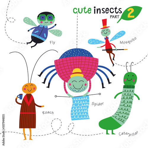 Cute insects on a white background. Childish illustration of fly, caterpillar, mosquito, cockroach and spider.
Vector collection. Part 2.
