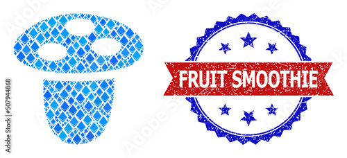 Blue gem composition mushroom icon, and bicolor scratched Fruit Smoothie stamp. Gemstone related elements are united into abstract collage mushroom icon.