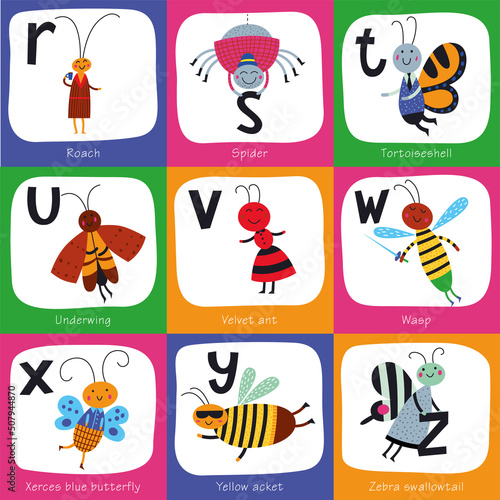 Vector alphabet for children. Cute insects in cartoon style. R, S, T, U, V, W, X, Y, Z,. Part 3.