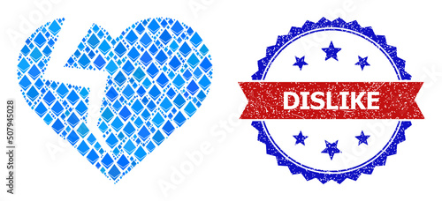 Blue gemstone mosaic heart break icon, and bicolor textured Dislike seal stamp. Gemstone related parts are arranged into abstract collage heart break icon.