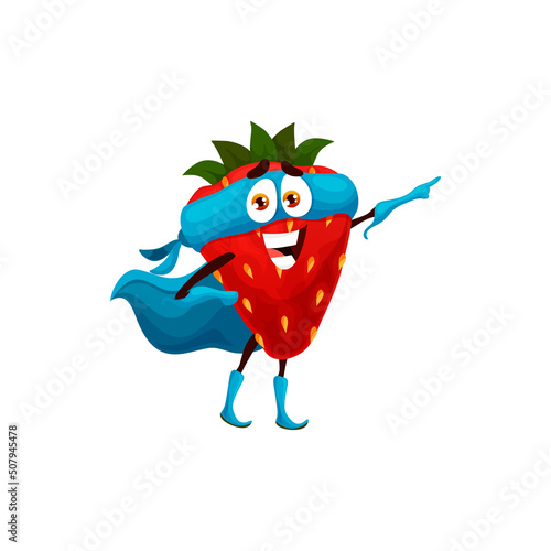 Cartoon strawberry superhero personage, vector fruit food. Funny berry guard character in super hero costume, blue mask, cape and gloves, brave and strong strawberry emoji