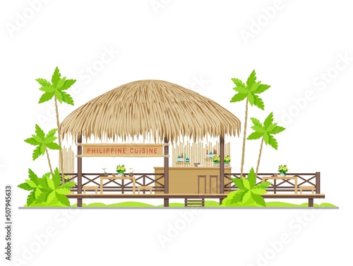 Philippine cuisine restaurant vector building of tropical beach tiki bar, hut cafe or restaurant. Bamboo bungalow with straw roof, wooden tables and chairs, bar counter, signboard and palm trees