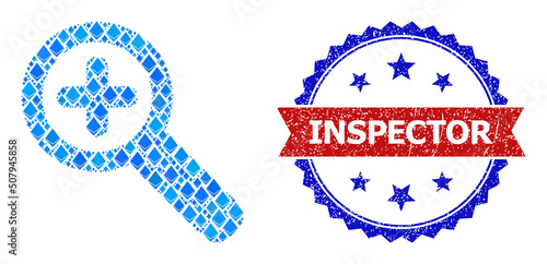 Blue gem composition zoom in icon, and bicolor grunge Inspector seal stamp. Gem related items are grouped into abstract collage zoom in icon. Red round stamp seal has Inspector caption inside circle.