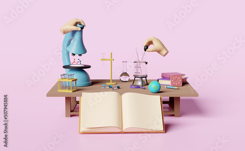 3d science experiment kit with microscope, globe, magnifying, beaker, test tube, desk, open book isolated on pink background. room innovative education, e-learning concept, 3d render illustration