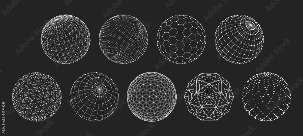 Vetor de 3D sphere mesh grid, globe or ball in circle net wire, vector  digital earth. 3D sphere in wireframe or geometric network in dots and  lines or mesh grid frames, science