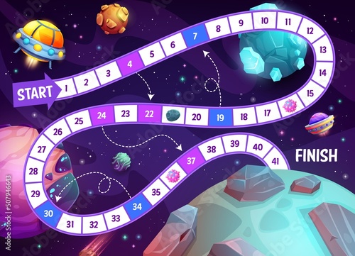 Kids board game, cartoon spacecraft and UFO starship in galaxy space, vector entertainment tabletop. Dice step race game worksheet on start and finish with cartoon fantasy galaxy rockets and planets