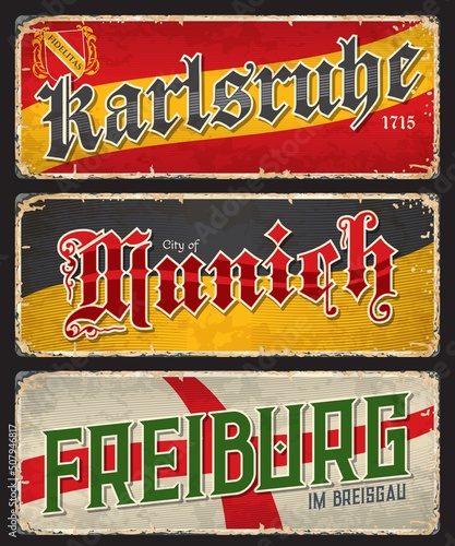Karlsruhe, Munich and Freiburg city travel plates and stickers, Germany regions vector tin signs. German state cities travel plates with landmarks and region flags of Bavaria and Baden Wurttemberg