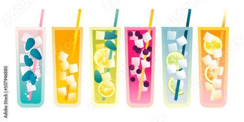 Set juice glasses. Vector gradient flat illustration. Refreshing drink for bar. Alcoholic cocktail drink with ice. Healthy drink with berries and citrus. Bright illustration of cold drinks