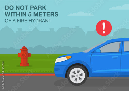 Outdoor parking rules and tips. Do not park within 5 meters of a fire hydrant. Side view of an incorrect parked suv car. Flat vector illustration template.