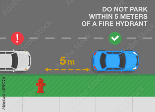 Outdoor parking rules and tips. Do not park within 5 meters of a fire hydrant. Top view of correct and incorrect parked cars. Flat vector illustration template.
