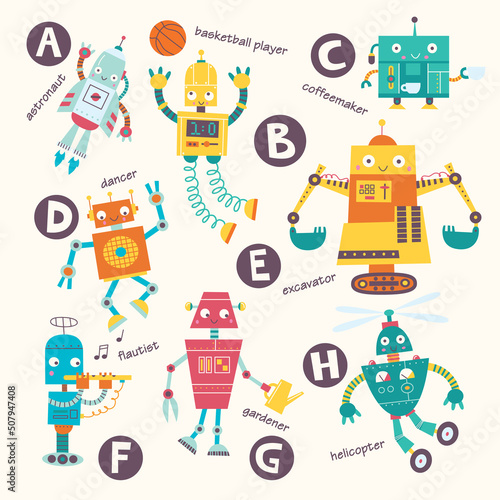 Kids alphabet. Vector robots in cartoon style. A, B, C, D, E, F, G, H . Part 1.