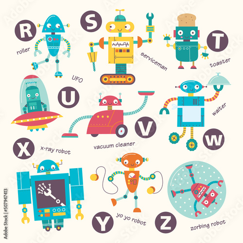 Fototapeta Naklejka Na Ścianę i Meble -  Kids alphabet. Vector robots in cartoon style. R, S, T, U, V, W, X, Y, Z,. Part 3.