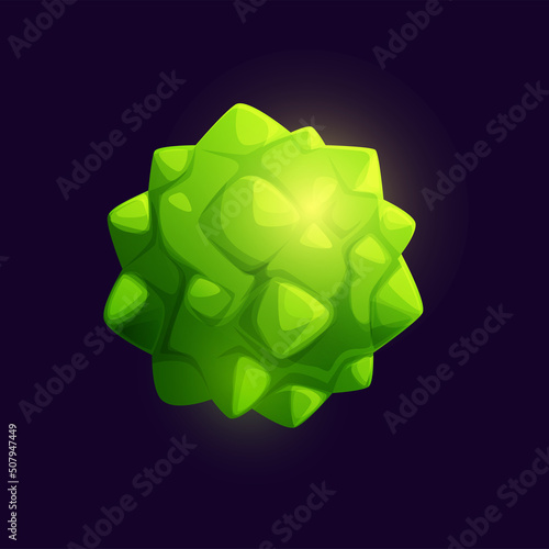 Green galaxy space planet with volcano and crystals. Vector bizarre cosmic object in universe or cosmos. Game asset, gui interface element, glow sphere with spiked surface, meteor, comet or meteorite