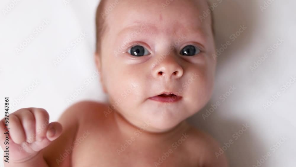 Video portrait of a baby toddler on a white background . Happy baby. A happy child. An infant looks into the camera . White background. High quality FullHD footage Video portrait of a baby toddler on a white background . Happy baby. A happy child. An infant looks into the camera . White background. High quality FullHD footage