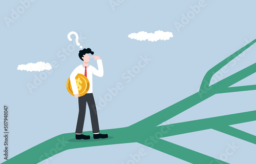 Growing money direction, multiple options for investment, finding right way to make profit concept. Confused businessman with dollar coin stopping at crossroads and thinking which way to go. 