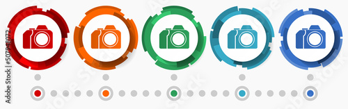 Photo camera concept vector icon set, modern design abstract web buttons in 5 color options, infographic template for webdesign and mobile apps